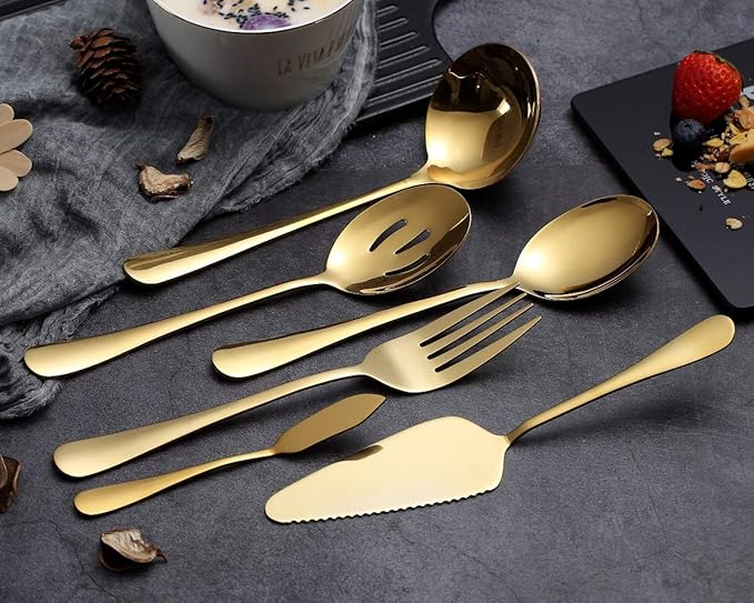 6-Piece Gold Serving Flatware Set - Stainless Steel Utensil Set, Includes Cake Server, Slotted Spoon, Serving Spoon, Meat Fork, Butter Knife, Soup Ladle