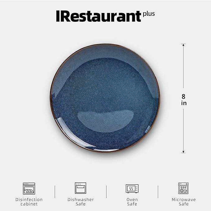 Organic Shape Highland Ceramic Salad plate, 12pcs 8 Inch Handmade Reactive Glaze Stoneware Plates with Wavy Edge, for Kitchen, Microwave & Dishwasher Safe, Scratch Resistant-Blue