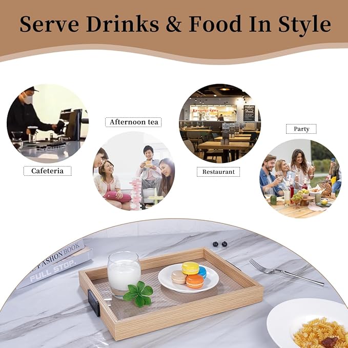 Leather Surface Wood Service Tray with Metal Handle, 2-Piece Food and Beverage Tray, Coffee Table, Breakfast, Dinner and bar, Kitchen, Party (Leather Surface/Large+Small)