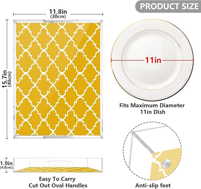 Serving Tray with Handles Clear Acrylic Tray 12x16 Inch Decorative Rectangular Tray Organizer for Ottoman Coffee Table Bathroom Yellow Quatrefoil