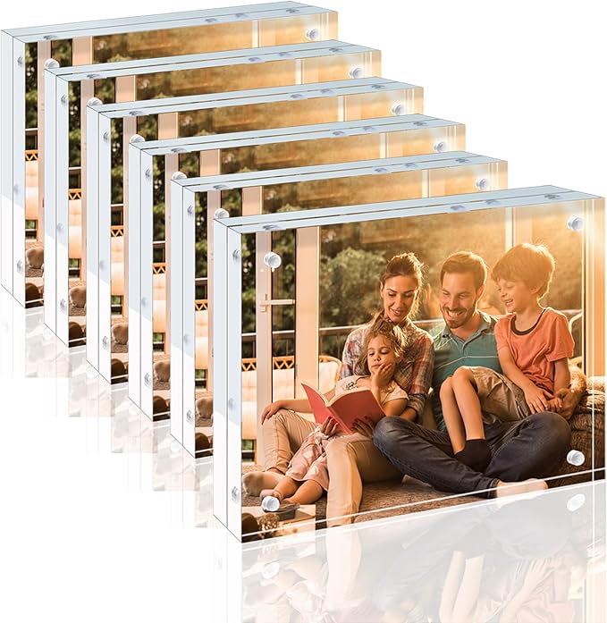 Egofine 5x7 Acrylic Frames 6 Pack, 20mm Thicker Frameless Clear Picture Frames, Double Sided Magnetic Picture Frames, Free Standing Desktop Display