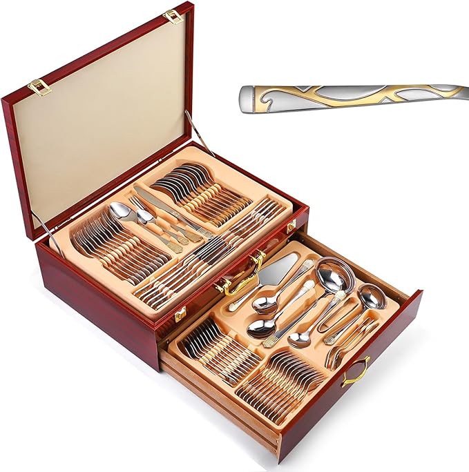 72/84 PCS Luxury Flatware Set, in a Flatware Organizer for Drawer, Silverware Flatware Serving Set for 12 with Gold Accents for Formal Events, Parties(B,84pcs)