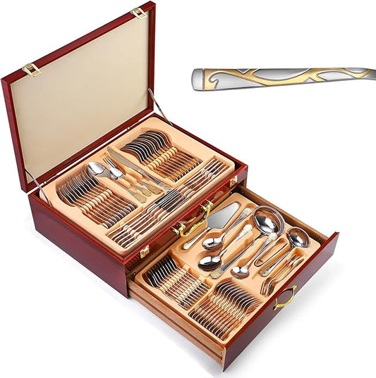 72/84 PCS Luxury Flatware Set, in a Flatware Organizer for Drawer, Silverware Flatware Serving Set for 12 with Gold Accents for Formal Events, Parties(C,72pcs)