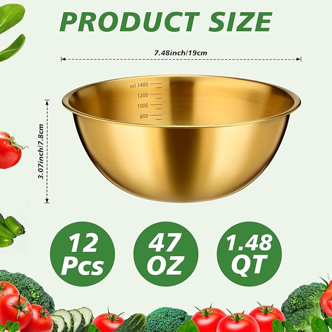 12 Pcs 1.5qt Stainless Steel Mixing Bowls with Graduations Bulk Metal Salad Mixing Bowl with Scale Nesting Metal Prep Reusable Baking Cooking Food Soup Storage Organizers for Kitchen Refrigerator