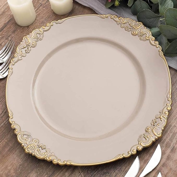 13" Charger Plates -Set of 24 - Acrylic Taupe Round Baroque Disposable Chargers Leaf Embossed Rim, Ideal for Dinner Party Wedding Bulk Events