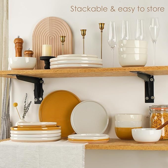 12 Pieces Farmhouse Stoneware Dinnerware Sets, Speckled Ceramic Plates and Bowls Set, Matte Terracotta Underside Ceramic Dishes Set for 4, Scratch Resistant Microwave & Dishwasher Safe (Autumn Melody)