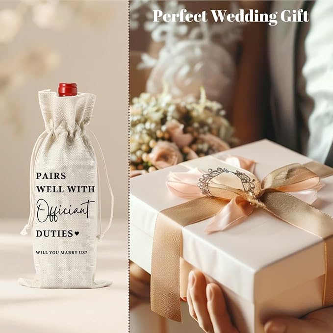 Wedding Officiant Gift, Engagement Wine Bag, Bridal Shower Gift, Thank You Gifts for Officiant, Burlap Bottle Bags With Drawstring for Wedding Reception Event Party Dinner Bachelorette Party