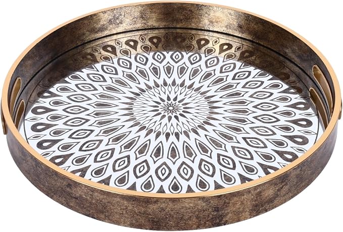 SINT Serving Tray with Antique Look & Stylish Design, Decorative Trays with Handles for Kitchen, Round Ottoman Tray for Dinning | Living Room & Home Décor | Pack of 2