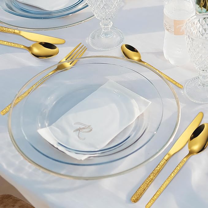 24 Pcs Gold Hammered Silverware Set Service for 6,Stone Pattern Vintage Stainless Steel Flatware Set,Cutlery Utensil,Durable Kitchen Eating Tableware Set,Ripple Fork Knife Spoon Set,Dishwasher Safe