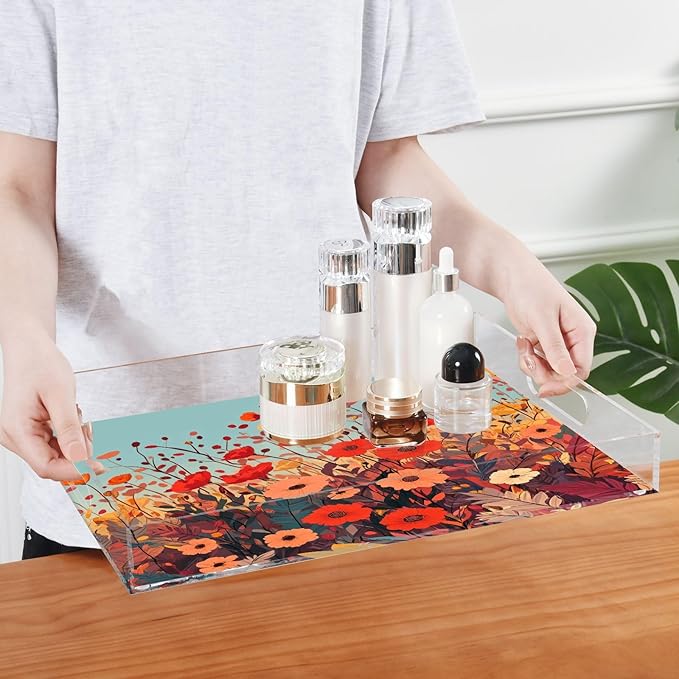 Serving Tray with Handles Clear Acrylic Tray 12x16 Inch Decorative Rectangular Tray Organizer for Ottoman Coffee Table Bathroom Autumn Poppy Flowers