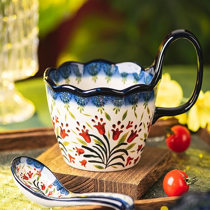 OZY Handpainted Soup Bowl with Handle,Ceramic Cereal Bowl Great for Soup, Ice cream, Fruits,Snack,Microwave &Dishwasher Safe (Polish Red Flower)