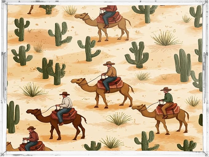 Serving Tray with Handles Clear Acrylic Tray 12x16 Inch Decorative Rectangular Tray Organizer for Ottoman Coffee Table Bathroom Cute Cowboys Camels Cacti