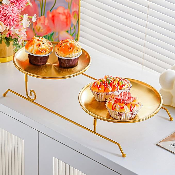 Fruit Tray, Tiered Serving Tray, Snack Tray, Plate Holder Made of Stainless Steel and Iron with an Elegant Two-Tiered Structure and Practical Design F, Gold