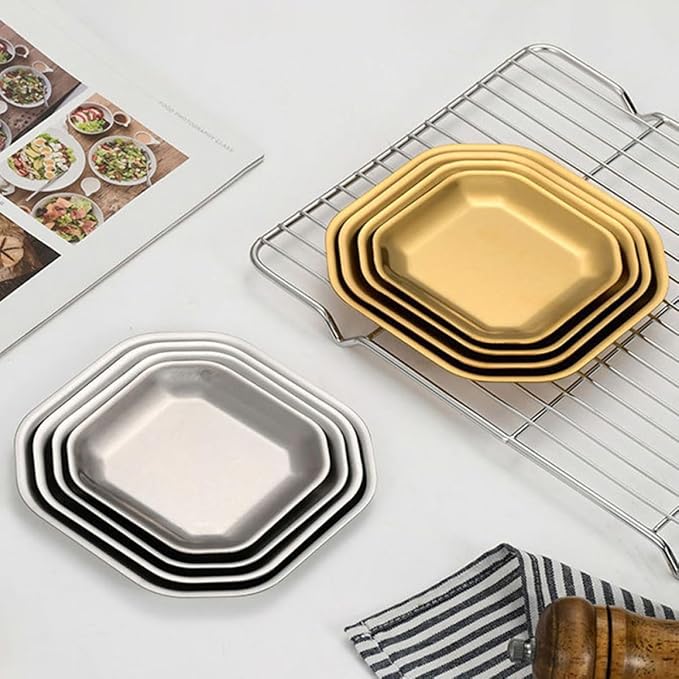 Uonlytech Stainless Steel Octagonal Snack Plates 12cm Gold Korean Style Pickle Dish Small Appetizer Plates 2pcs Set for Household Tableware and Party Serving