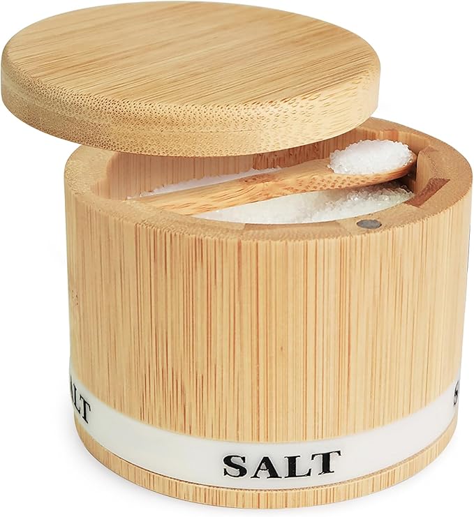 Salt Box Bamboo Salt Container with Swivel Lid and Spoon Small Spice Cellar with Label 8 oz Capacity salt Holder for Countertop with Magnetic to Easy Open and Seal