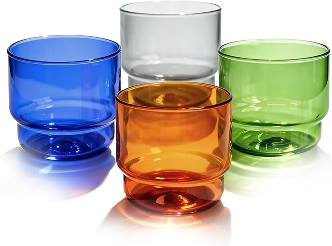 ELEMENT LABS Retro Colored Double Old-Fashioned Glasses Set 10oz Stackable Drinking Glasses for Cocktails Mixology Espresso Cups Party Hosting Modern Barware Gift Dishwasher Safe