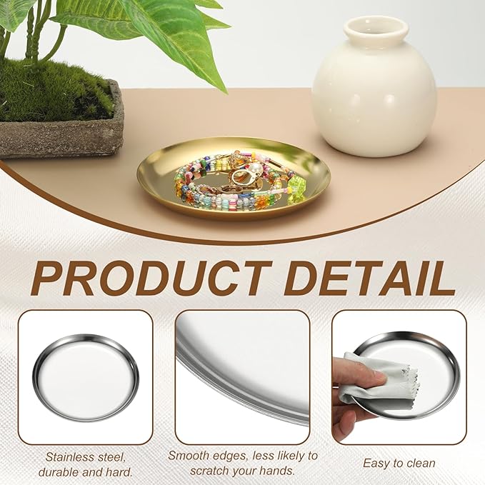 uxcell Round Serving Trays, 4.92" Stainless Steel Decorative Jewelry Dish, Small Vanity Tray for Bathroom Aromatherapy Candle Drink Plate,Silver