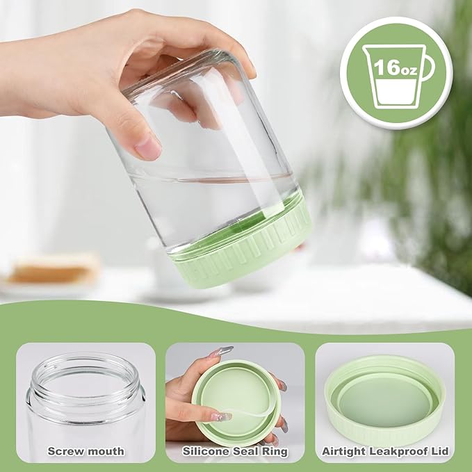 Overnight Oats Containers with Lids, 16oz Glass Jars with Lids 4 pcs, Light Green, Wide Mouth Mason jars for Salad, Yogurt, Snacks, Meal Prep