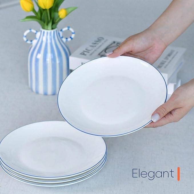 8.5 inch Salad Plate Set of 6, Lightweight Opal Glass Round White Plates for Appetizer Dessert Kitchen, Dishwasher and Microwave Safe, Hand Painted Navy Blue Rim