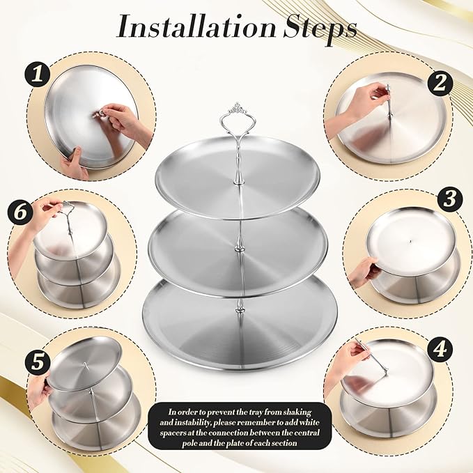 Zubebe 6 Pcs Dessert Table Display Set 2 Stainless Steel Cupcake Stand 3 Tier Cake Holder 3 Rectangle Serving Tray 1 Round Cake Tray Tiered Candy Cupcake Tower for Party Wedding Birthday (Silver)