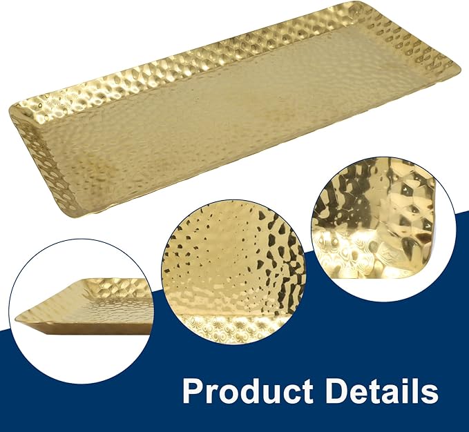Gold Hammered Rectangular Platter Serving Trays, Decorative Stainless Steel Reusable Dessert Plates for Living Room Kitchen/Hosts(9.8 x 4.3 Inch, 1 Pack)