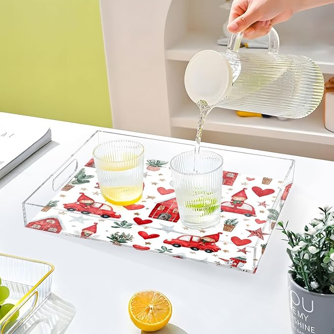 Serving Tray with Handles Clear Acrylic Tray 12x16 Inch Decorative Rectangular Tray Organizer for Ottoman Coffee Table Bathroom Watercolor Christmas Elves Stars White