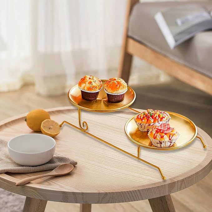 Fruit Tray, Tiered Serving Tray, Snack Tray, Plate Holder Made of Stainless Steel and Iron with an Elegant Two-Tiered Structure and Practical Design F, Gold