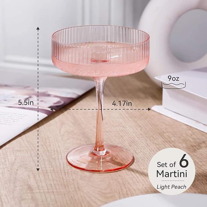 Cyrelwing 9 oz Pink martini glasses Vintage Art Deco Blush Pink Coupe Glasses Set of 6 Pink Ribbed Cocktail Glasses for Espresso Martini, Champagne,Cosmopolitan,Manhattan,Cocktail