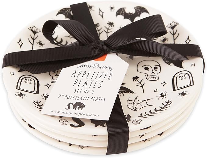 DII Halloween Appetizer Plates, 7 inch Porcelain, Set of 4, Black and White Spooky Design