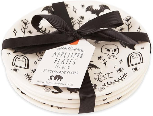 DII Halloween Appetizer Plates, 7 inch Porcelain, Set of 4, Black and White Spooky Design