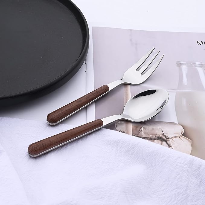Brown Silver Silverware Set, 16 Pieces Stainless Steel Flatware Cutlery Set with Faux Wooden Handle, 4 x Dinner Knife, 4 x Dinner Fork, 4 x Tablespoon, 4 x Fruit Fork, Mirror Polished
