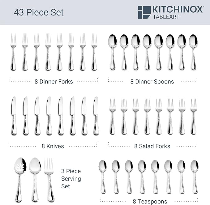 Seaport 43-piece Stainless Steel Silverware Set, Flatware Service for 8