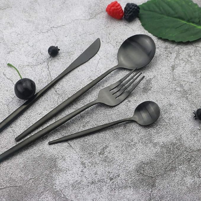 JASHII Flatware Set, 24-piece Silverware Cutlery Set with Serving Pieces, Stainless Steel Utensils, Include Knife/Fork/Spoon, Matte Finish, Dishwasher Safe, Service for 6 (Black)