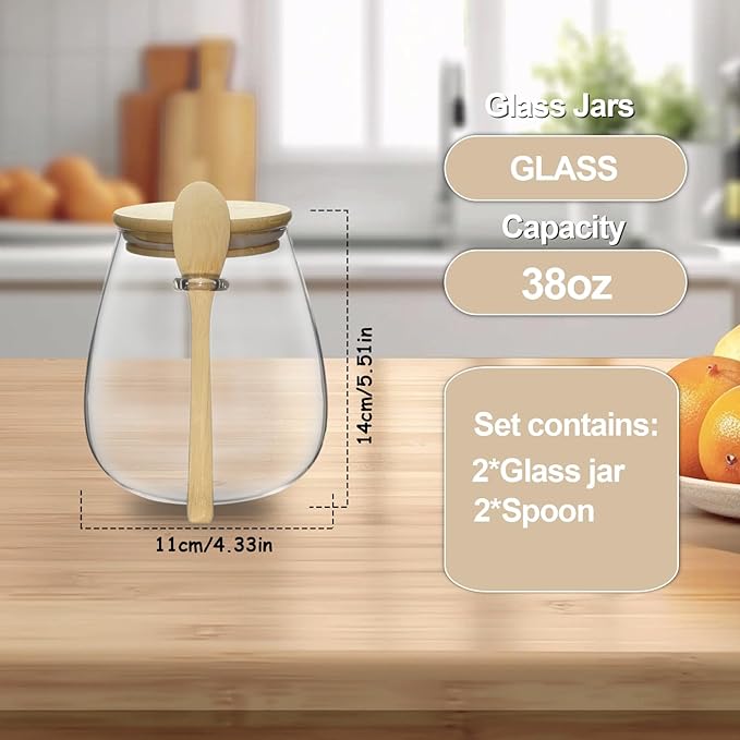 Glass Storage jars with Bamboo Lids and Spoon -38oz Airtight Storage Containers Glass jar，Wide Mouth, Leak-Proof, Comes Suitable for Coffee Beans, Tea Leaves, Grains, Dried Fruits(Large2PCS)
