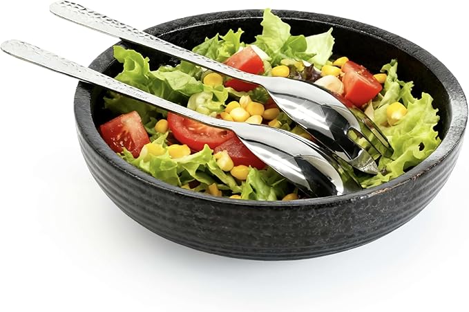 11.5-Inch Large Ceramic Salad Bowl Set – Speckled Stoneware with Stainless Steel Servers, Handcrafted Texture, Dishwasher Safe (Obsidian Black)