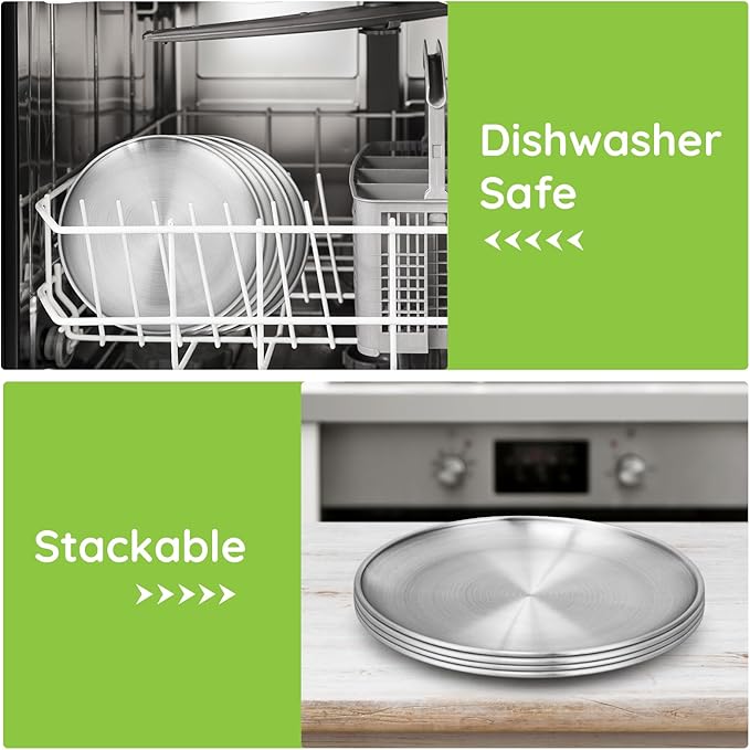 10 Stainless Steel Plates, 7.8 inch 304(18/8) Metal Camping Plate, Reusable Food Serving Dish Snack Eating Dishes Round Shatterproof Plate Silver Dinnerware for BBQ Dinner Oven Dishwasher Safe
