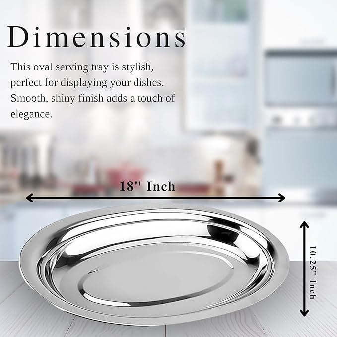 Chandler Stainless Steel Serving Tray - Oval Silver Food Tray - 3 mm Thick, Unbreakable - Anti Rust Serving Platter - Dinner Trays - Dishwasher Safe Kitchen Tray (Silver, 18 Inches)