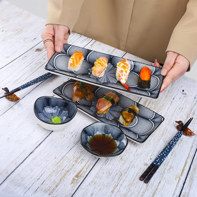 Artcome 10 Pcs Japanese Style Ceramic Sushi Plate Dinnerware Set for Wedding Housewarming - 2 Sushi Plates, 2 Sauce Dishes, 2 Snack Bowl, 2 Pairs of Chopsticks, 2 Chopsticks Holders, Dark Blue
