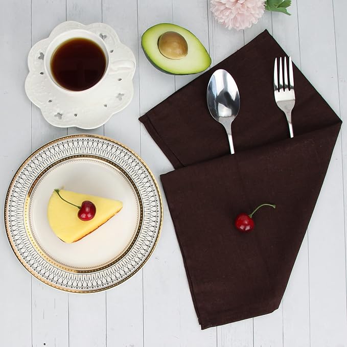 Solid Color Linen Blended Thin Dinner Cloth Napkins - Set of 12 (40 x 40 cm) - for Events & Home Use (Brown)