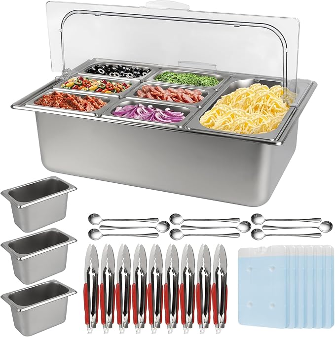 Kalolary Pizza Topping Storage Station, Stainless Steel Condiment Containers with Flip Lids Spoons Ice Box Food Tongs Ice Food Serving Display Container Salad Bar Buffet Station for Home Kitchen Party