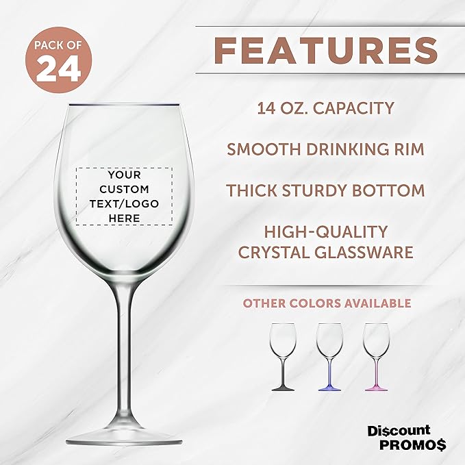 Custom Wine Glasses 14 oz. Set of 24, Personalized Bulk Pack - Restaurant Glassware, Perfect for Red Wine, White Wine, Cocktails and More - Clear