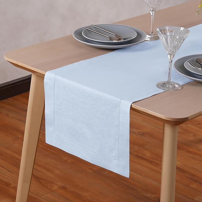 Home Ekaa Light Blue 100% Pure Linen Table Runner 72 inches – Hemstitch Coffee Table Runner 14x72 Inch Ideal for Dresser and Coffee Tables – Fall, Christmas, Winter, Holiday & New Year- Elara