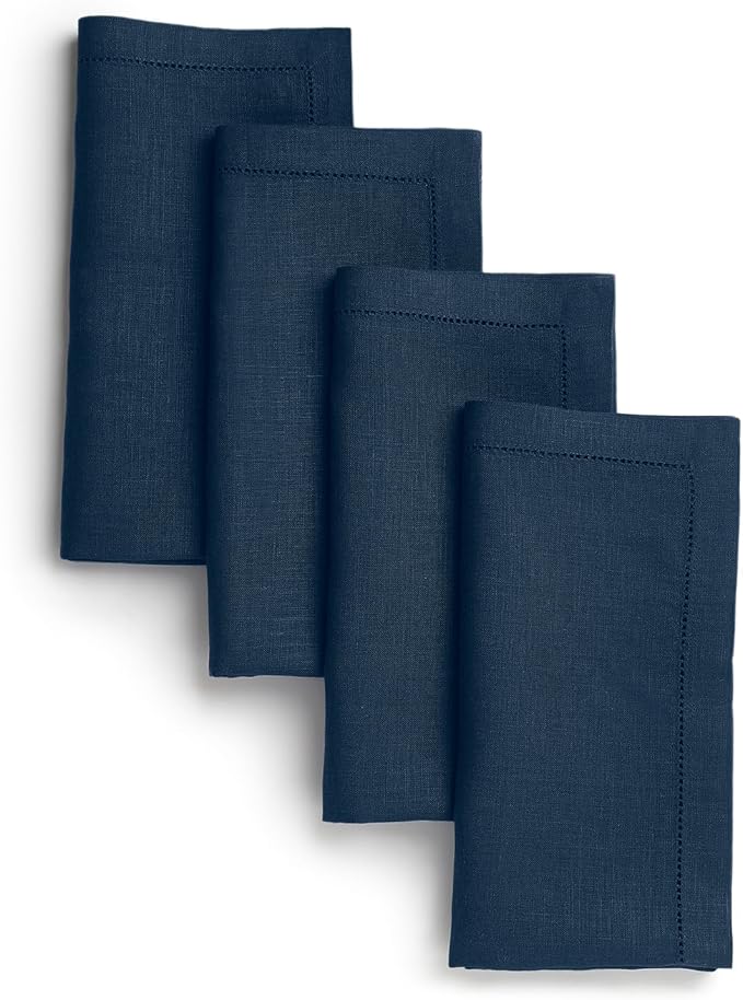 D'Moksha Homes Navy Blue Linen Napkins Set of 4 - Classic Hemstitch 100% Pure Linen Hemstitch Dinner Napkins 20 x 20 Inch for Winter, Christmas, Holiday, New Year - Handcrafted and Machine Washable