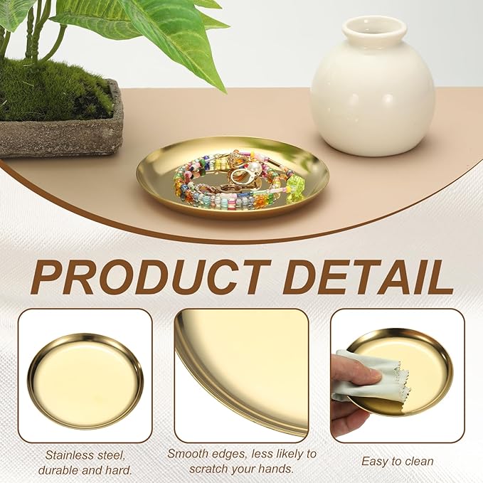 uxcell Round Serving Trays, 4.92" Stainless Steel Decorative Jewelry Dish, Small Vanity Tray for Bathroom Aromatherapy Candle Drink Plate,Gold