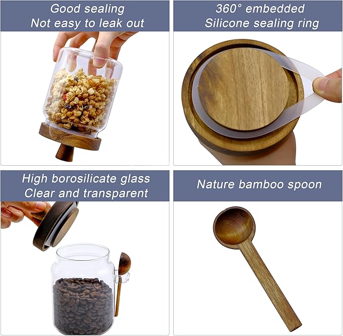 Spice Jars Overnight Oats Containers with Airtight Lid and Wooden Spoon,17 OZ Glass Food Storage Canisters, Glass Jars for Coffee Bean, Sugar, Dry Goods,Cookie,Candy,Cereal,Tea,Salt