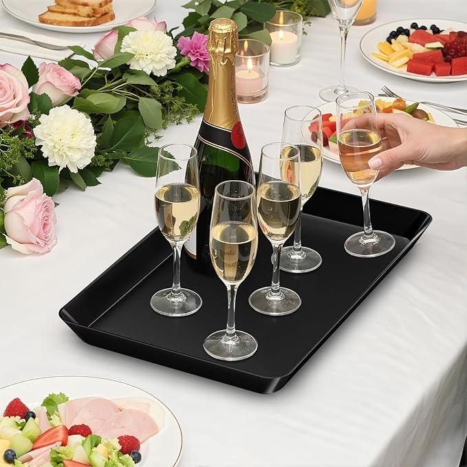 10-Pack Serving Tray Set, Reusable Plastic Serving Platter for Party Supplies, Entertaining, Grilling Accessories, Stackable Kitchen Snack Container for Dessert, Fruit, Cookie, (Black)