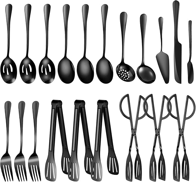 20 PCS Serving Utensil Set & Catering Serving Utensils - Stainless Steel Complete Buffet for Weddings, Holidays, Parties & Family Gatherings - Serving Utensils Set for Parties (Black)