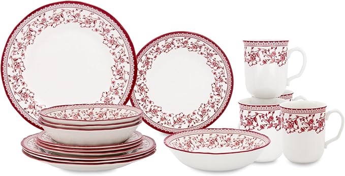 Tudor Royal Collection 16 Piece Round Dinnerware Set, Service for 4, Aster Pink Design, Red Floral, Plates Bowls Dishes, High Gloss Premium Quality