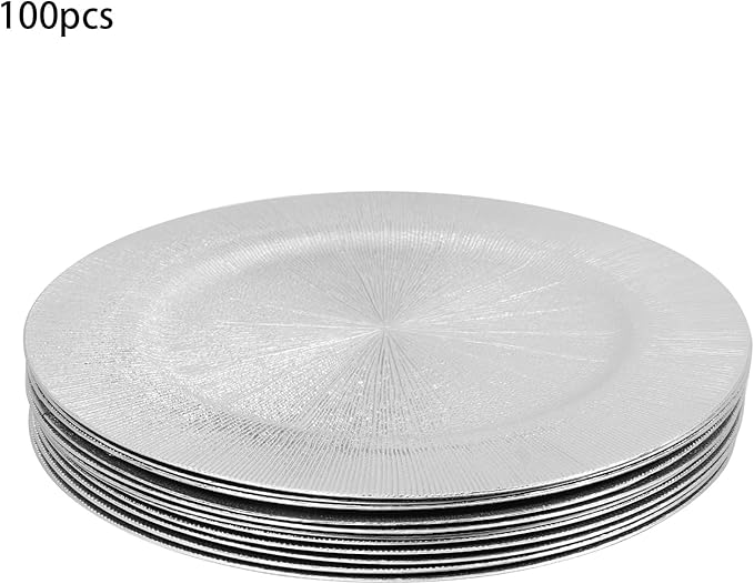 Sliver Plastic Charger Plates Set of 100, 13” Reusable Party Chargers for Dinner Plates, Elegant Round Service Plate Chargers Bulk Decorative for Wedding, Catering Table Decor