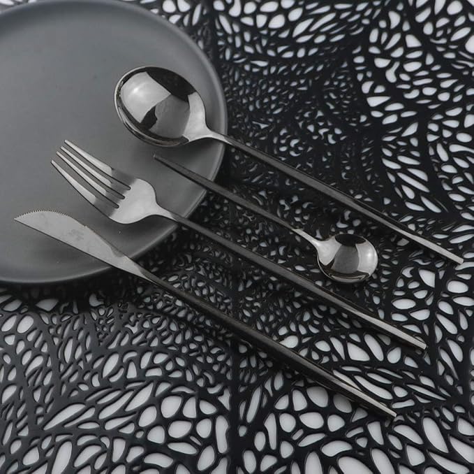 Mirror Polished Black Silverware Set, 24-Piece 304 Stainless Steel Satin Finish Flatware, Kitchen Utensil Tableware Cutlery for Home and Restaurant, Dishwasher Safe Service for 6